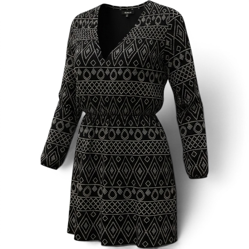 Madewell XXS Geometric Diamond Print Mini‎ Dress Black White Long Sleeve XXS